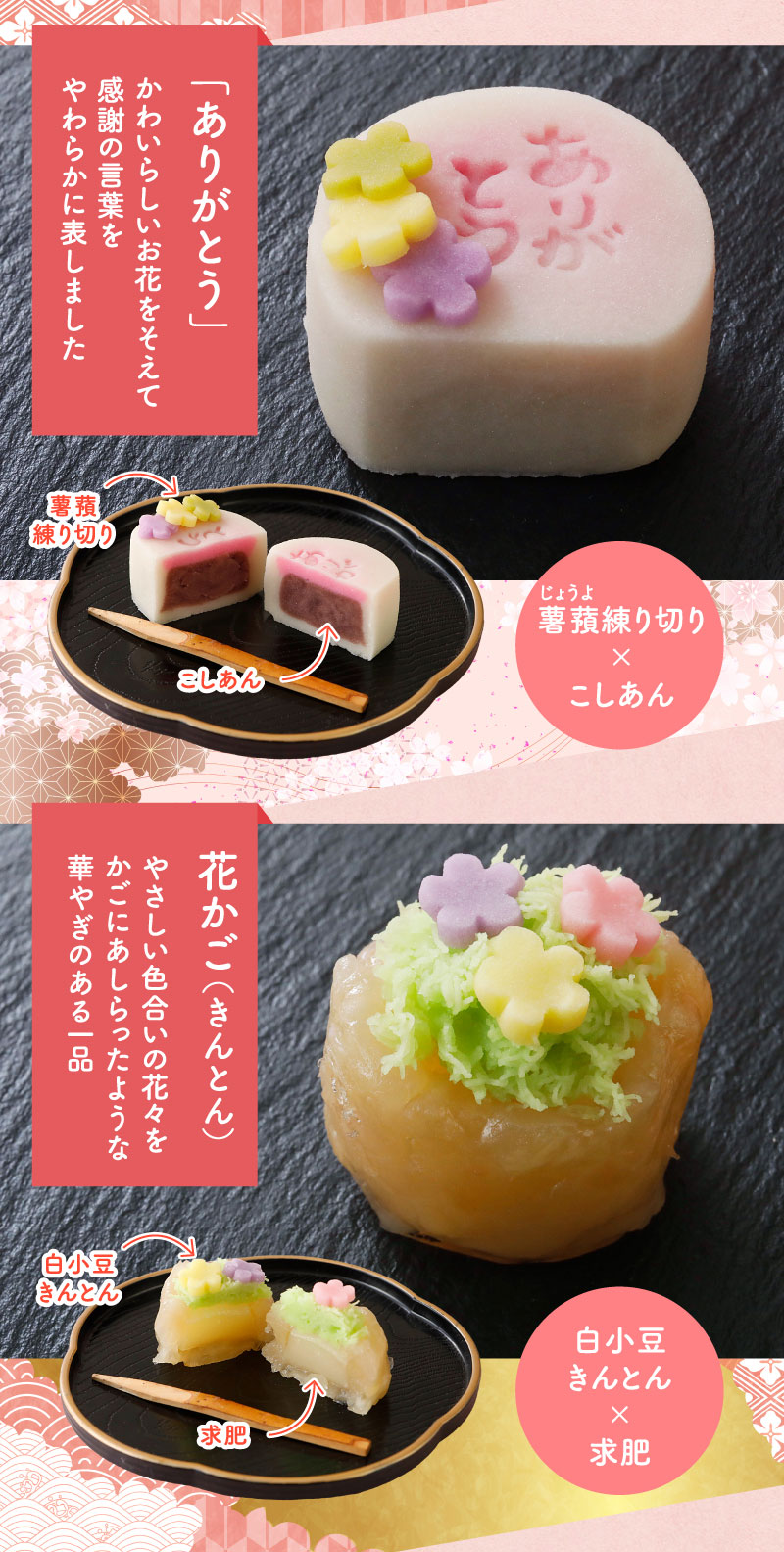 「ありがとう」、花かご（きんとん）