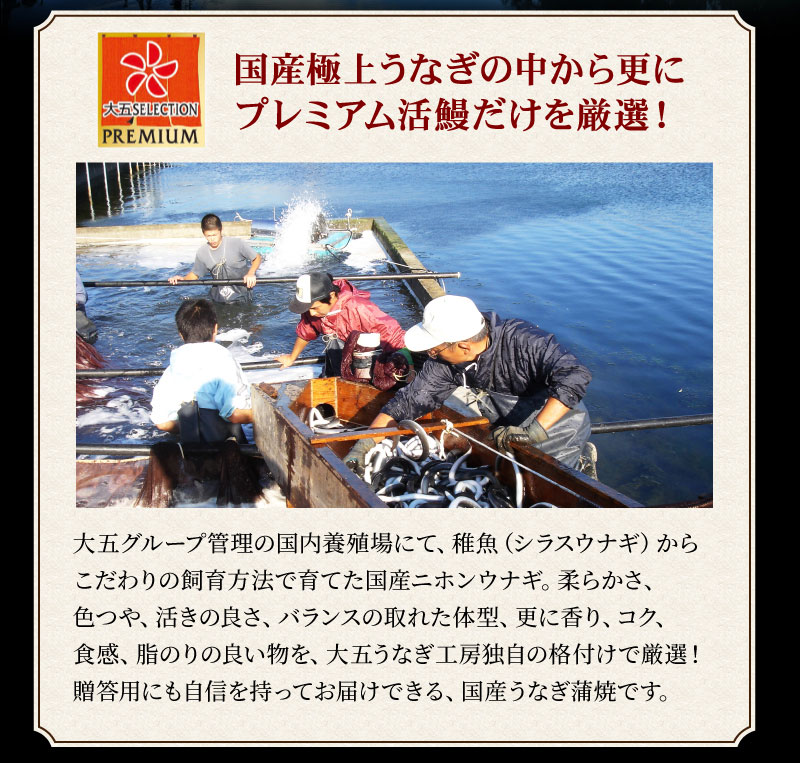 国産極上うなぎの中から更にプレミアム活鰻だけを厳選！