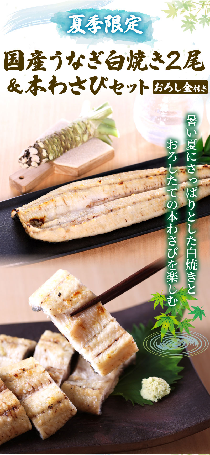 暑い夏にさっぱりとした白焼きとおろしたての本わさびを楽しむ。国産うなぎ白焼き＆本わさびセット