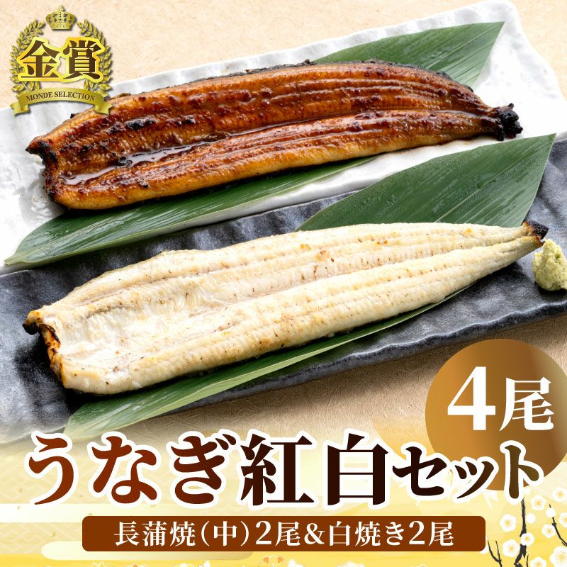 うなぎ紅白4尾セット【国産うなぎ長蒲焼(中)＆白焼き 各2尾】｜うなぎ